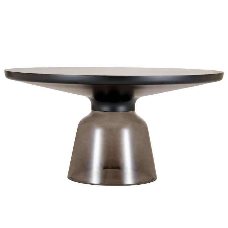 30-Inch Round Coffee Table Glass/Stone Tabletop with Black Iron Rim Frame Glass Pedestal Base