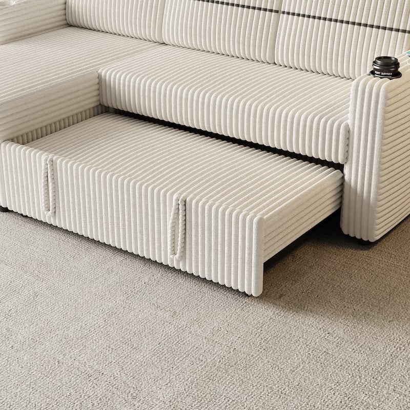 85" Corduroy 3-Seater Sleeper Sofa with Storage Chaise, USB Charging and Cup Holders
