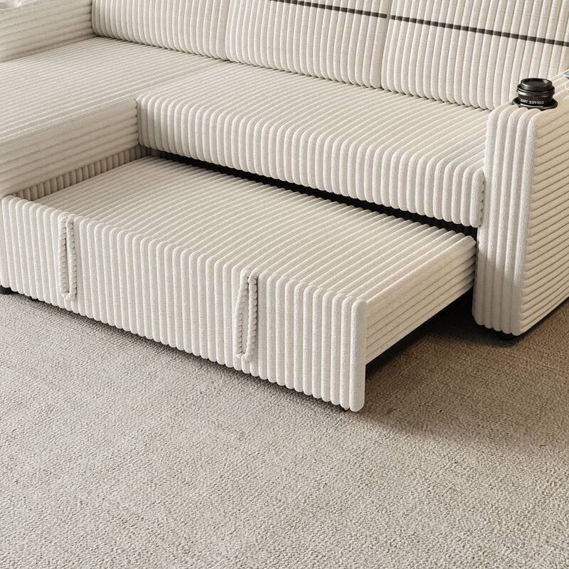 Corduroy 85" Sleeper Sofa Bed, 3-Seater with Storage Chaise, USB Port