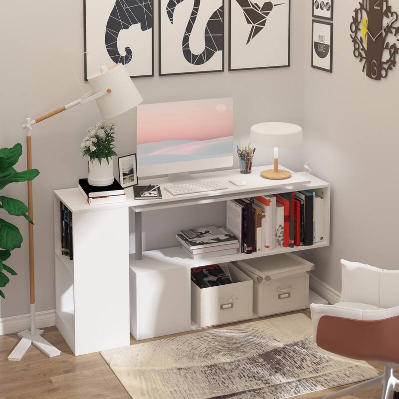 55" 360° Rotating Corner Computer Desk Modern L-Shaped Home Office Workstation with 3-Tier Storage Shelves, Bookshelf, White