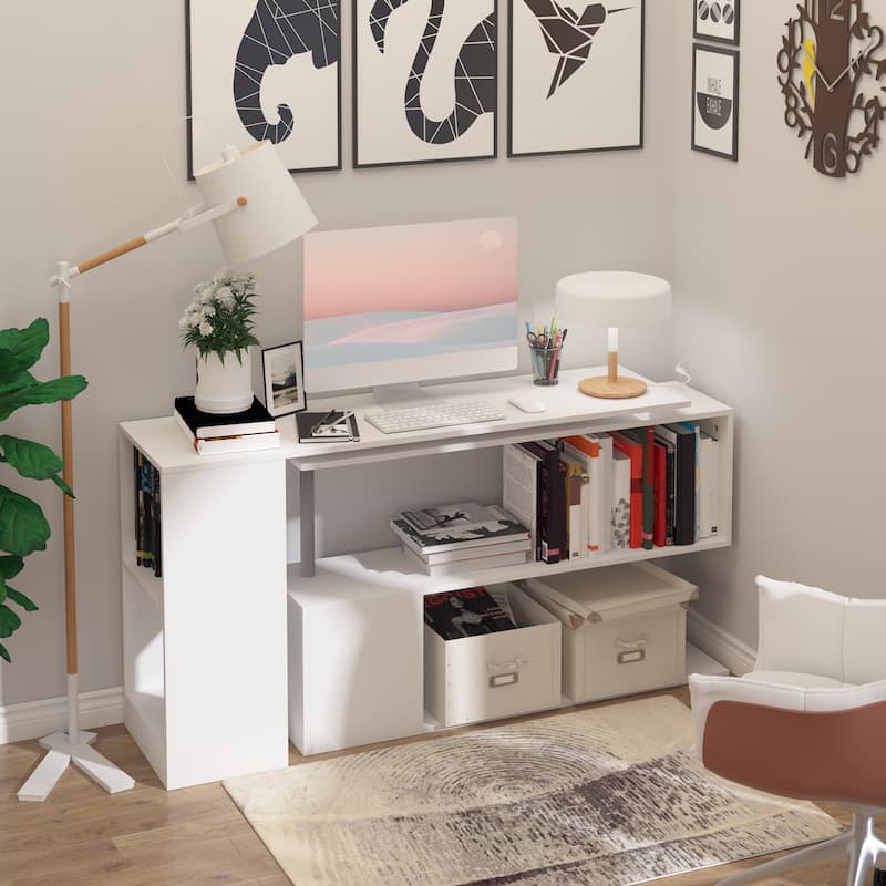 Modern L Shape Space Saving Corner Desk with Rotating Support and Extra Storage for Home Office or Study Area - White