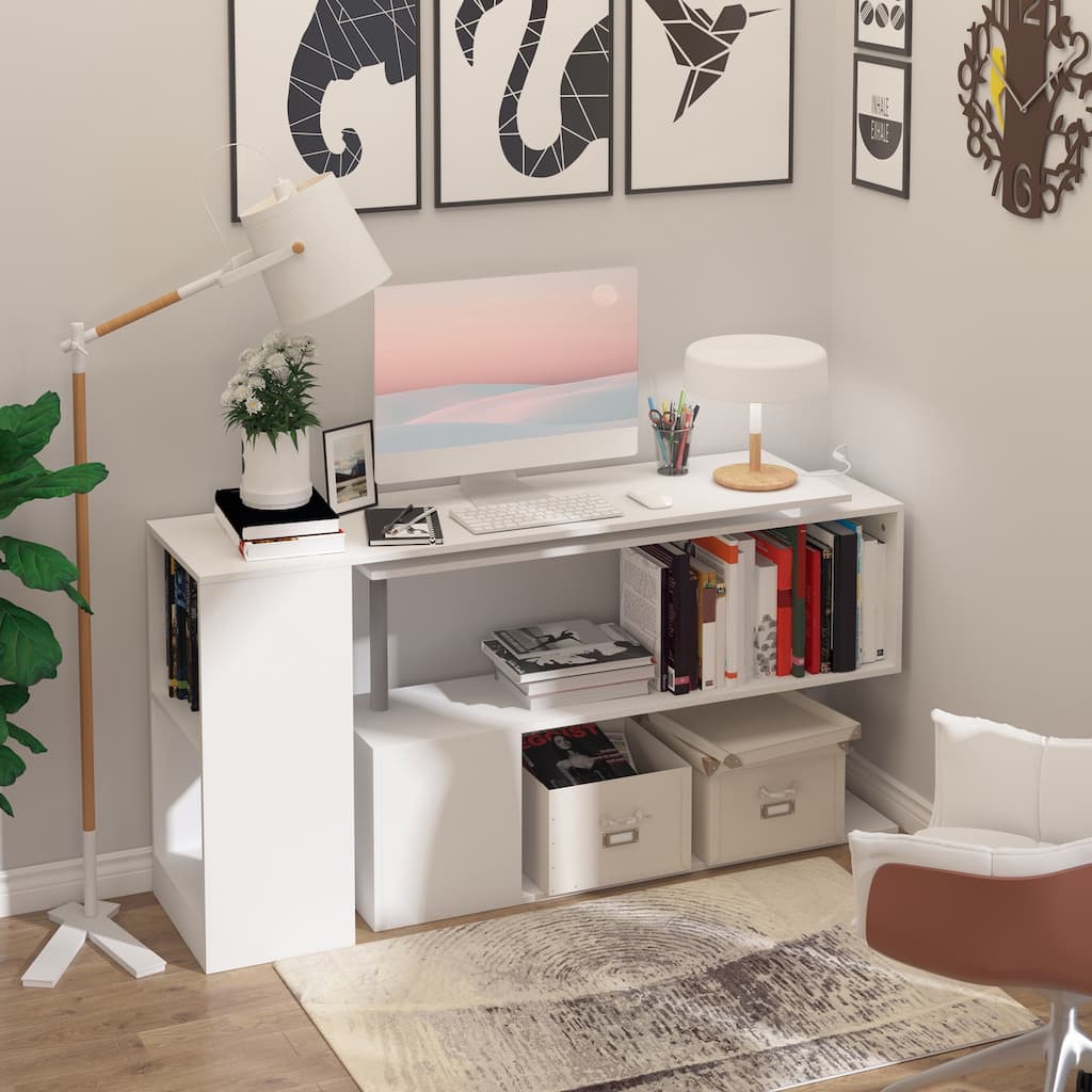 Modern L Shape Space Saving Corner Desk with Rotating Support and Extra Storage for Home Office or Study Area