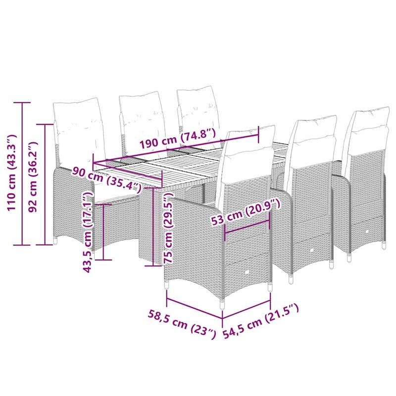 vidaXL Bistro Set Grey PE Rattan, Steel Frame, Acacia Wood 6-Seater - 21.5 x 23.0 x 36.2 in