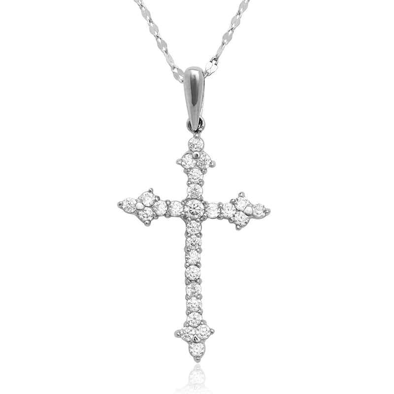 Curata 14K Gold 18" Cubic Zirconia Fleur de Lys Cross Necklace
