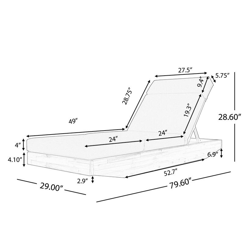 Christopher Knight Home - Outdoor Acacia Wood Chaise Lounge, Water-Repellent Cushion, Ergonomic Adjustable Headrest - 79.6"L