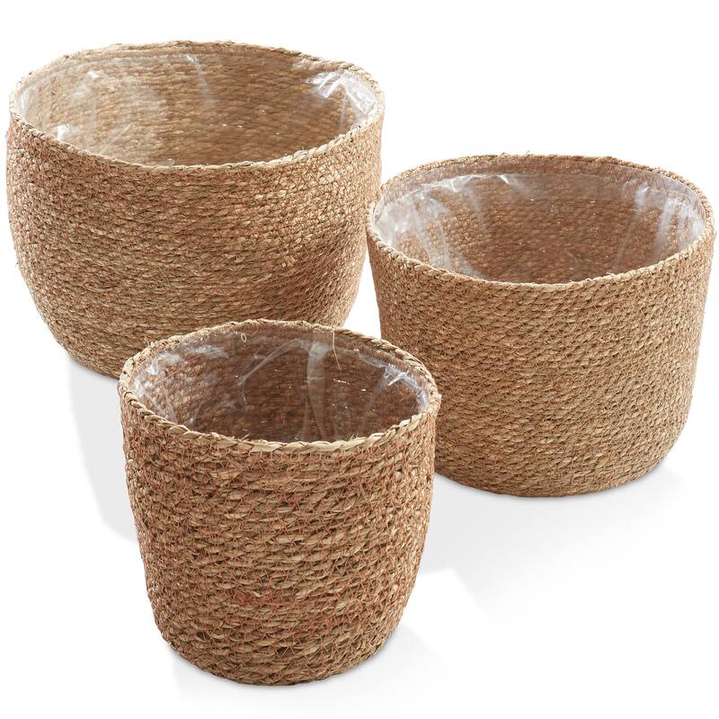 Set of 3 Seagrass Planter Baskets Natural Flower Pot Covers w Liners - Natural