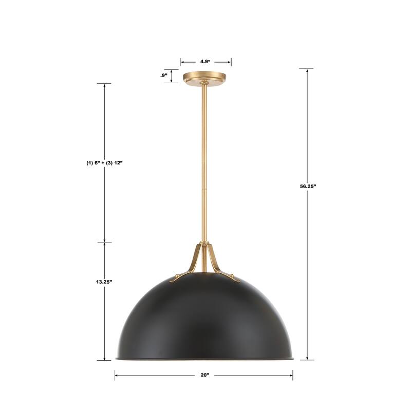 Soto 1 Light Matte Black & Antique Gold Pendant - 20"W x 13.25"H