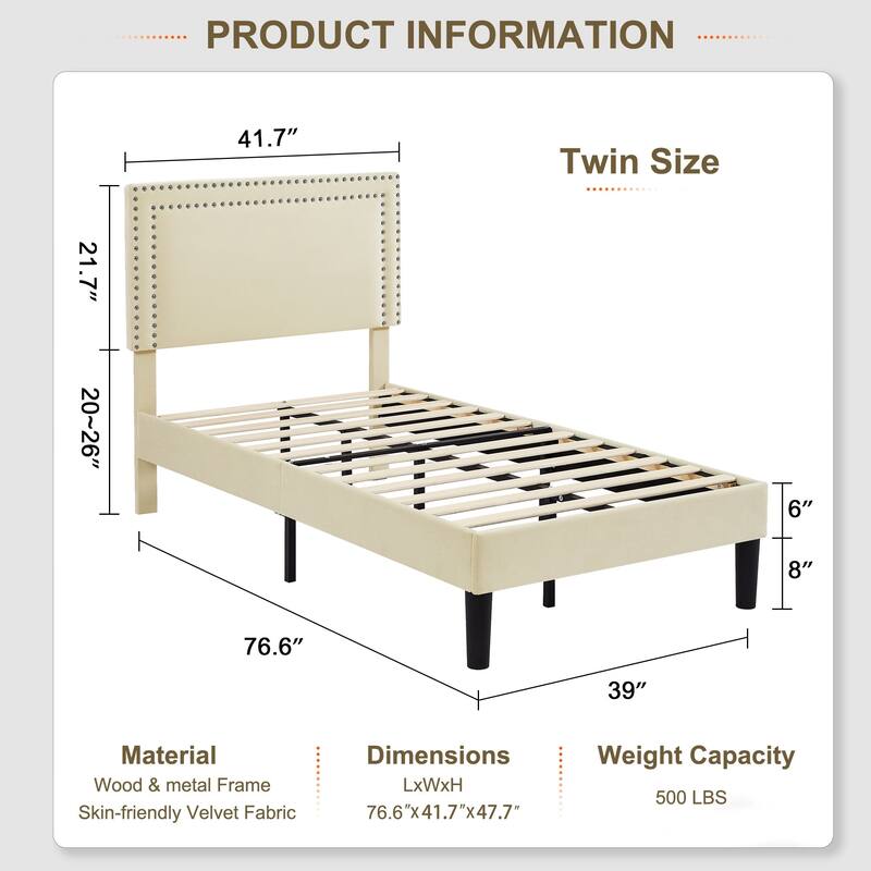 VECELO Upholstered Bed Frames with Height Adjustable Headboard