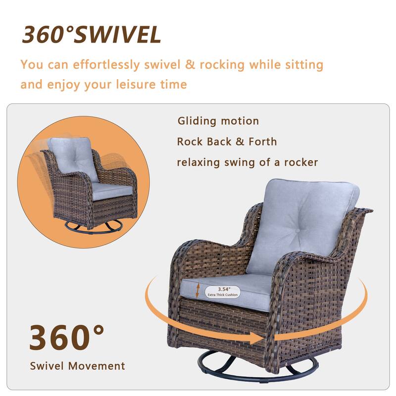 3 Piece High Back Outdoor Wicker Patio Conversation Swivel Chairs Set