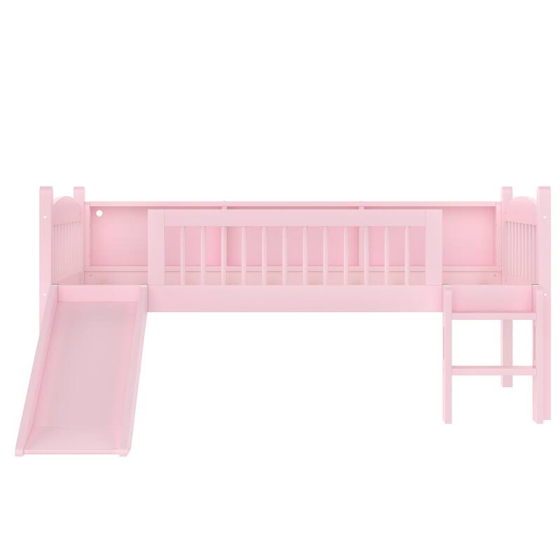 Roomfitters Twin XL Low Loft Bed with Storage Shelves and LED Lights, Solid Wood Frame