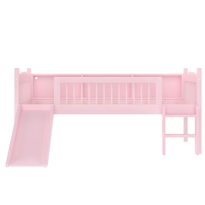 Twin XL Loft Bed with Storage Shelves, Solid Wood Lower Loft Bed with LED Lights and Full-length Guardrails