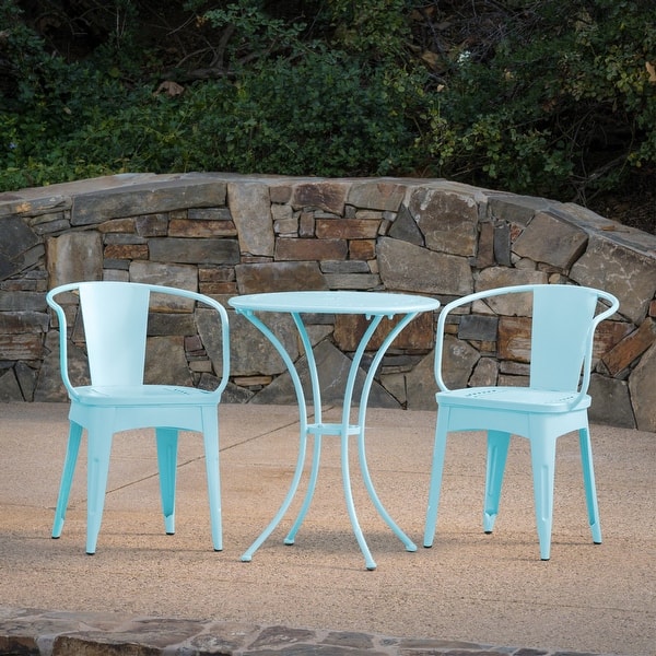 slide 2 of 10, Roomfitters 3-Piece Outdoor Bistro Set Metal Patio Dining Furniture with Round Table and 2 Chairs, Light Blue Light Blue