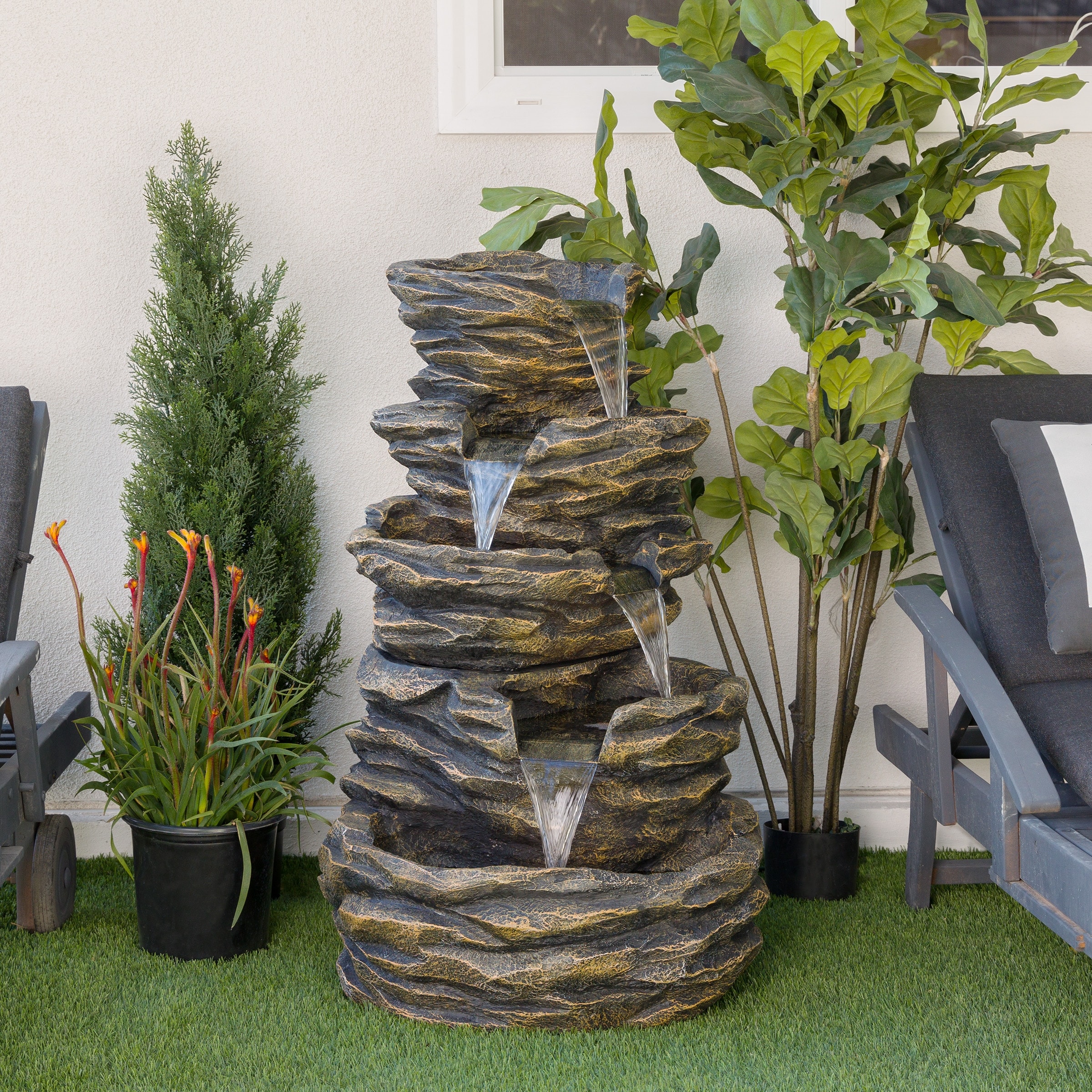 Alpine Corporation GIL110 Outdoor Floor 5-Tiered Rock Pond Water Fountain with LED Lights, Rock Light Waterfall, 39", Brown