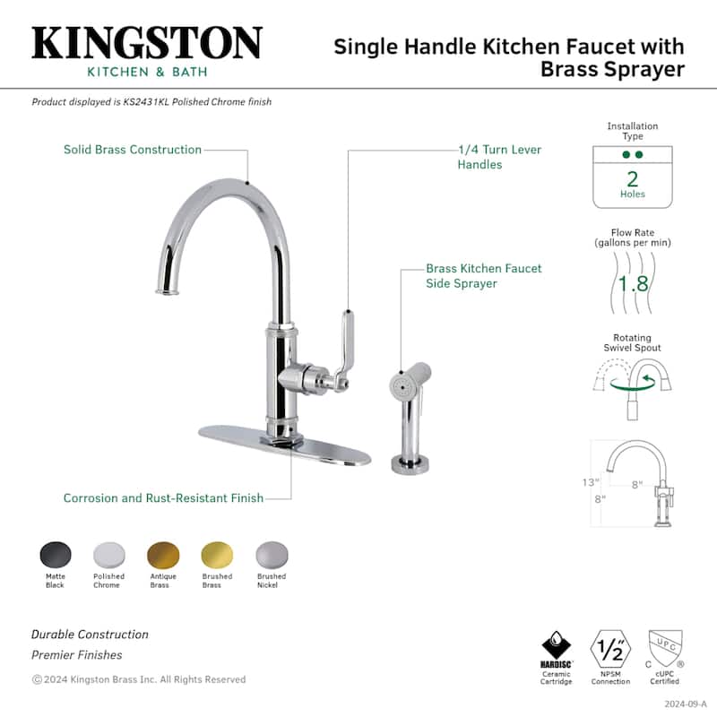 Kingston Brass Whitaker Single-Handle Deck Mount Kitchen Faucet with Brass Sprayer