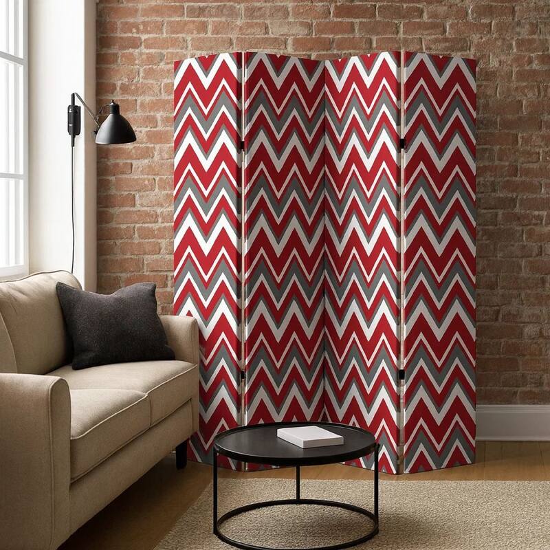3 Panel Foldable Canvas Screen with Chevron Print, Red and White - 6 x 12