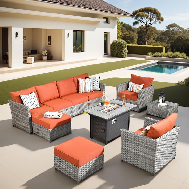 XIZZI 10-piece Patio Furniture Outdoor Sectional Sofa Set with Fire Pit - Red/Orange