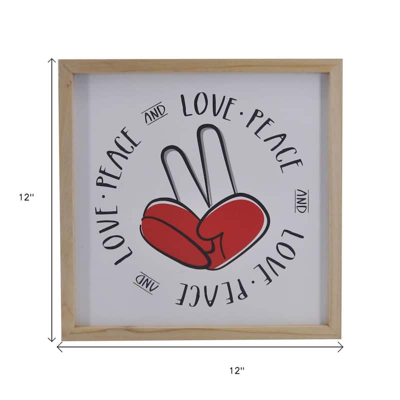 HomeRoots 12" X 12" White Red And Black Love Peace Wood Square Wall Decor