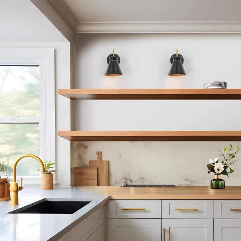 Modern Industrial 1-Light Black Gold Wall Sconce Lighting with Metal Shade - 6" L x 7" W x 8.5" H