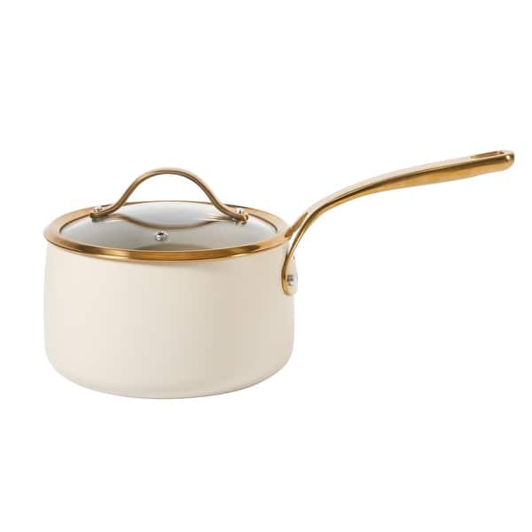 slide 2 of 9, Bloomhouse 3 Quart Heavy Duty Aluminum Premium PFA Free Ceramic Nonstick Saucepan with Lid - Linen White with Gold Handle
