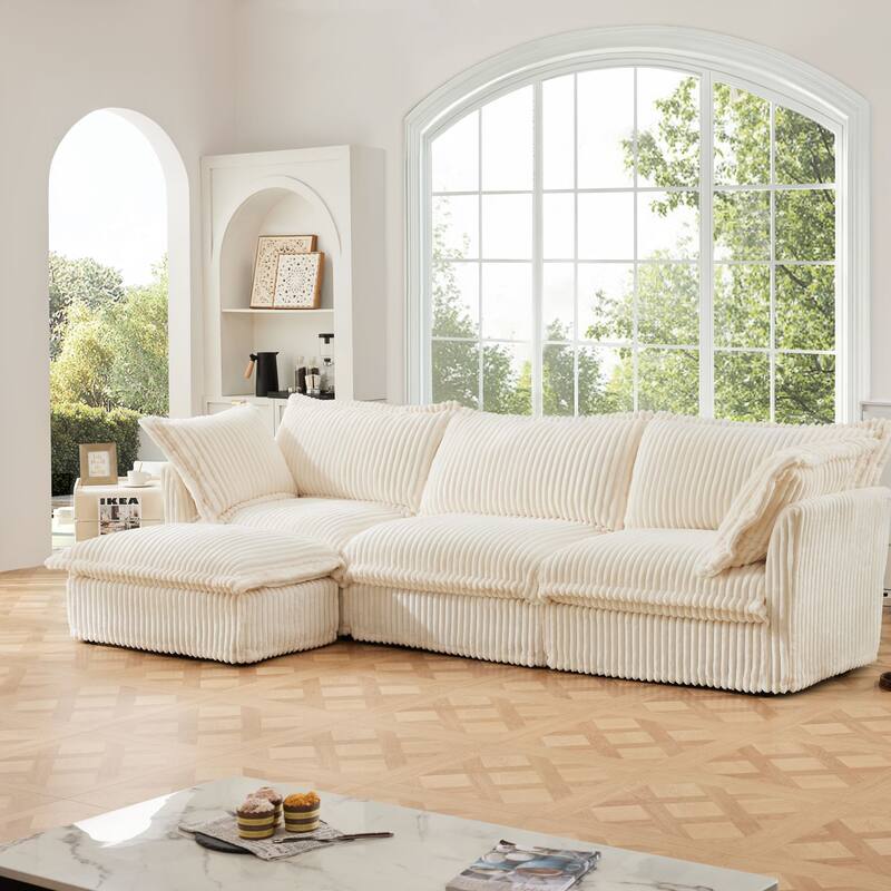 Modern 3 Seater Upholstered Sofa with 1 Ottoman and 2 Pillows