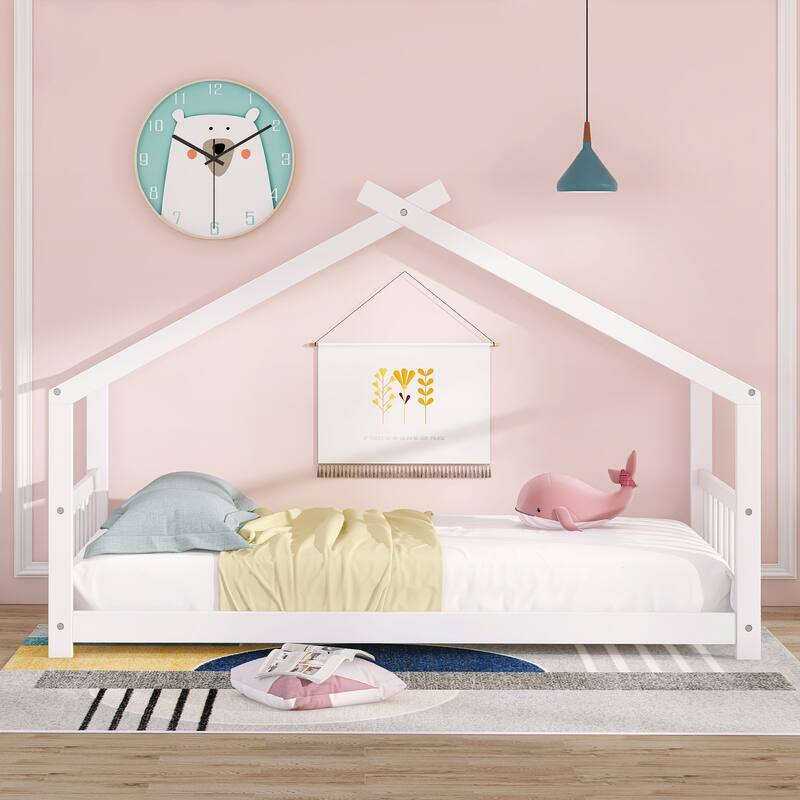 Wooden House Bed Frame with Headboard and Footboard, Cute Montessori Platform Bed with Roof for Kids, Teens, Boys or Girls - White - Twin