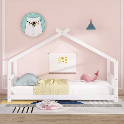 Wooden Twin House Bed, Solid Pine Playhouse Bed Frame with Roof, Twin Size Floor House Bed