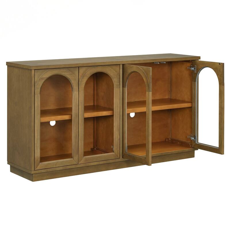 4-Door Large Storage Buffet Cabinet with Glass Doors, Arched Cabinet with Adjustable Shelves for Kitchen, Dining Room