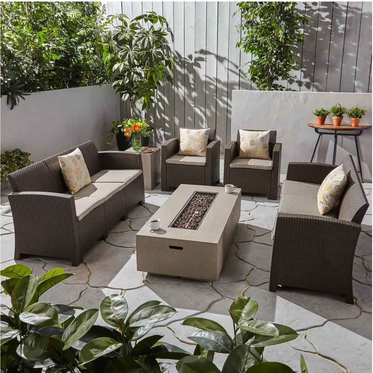 Comet 6-Piece Faux Wicker and Concrete Outdoor Fire Pit Chat Set-image