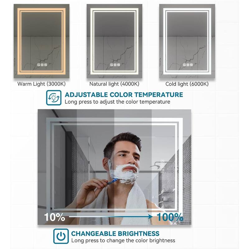 Silver LED Bathroom Mirror with Touch Dimmer, Anti-Fog, Adjustable Different brightness - 24" L x 40” W