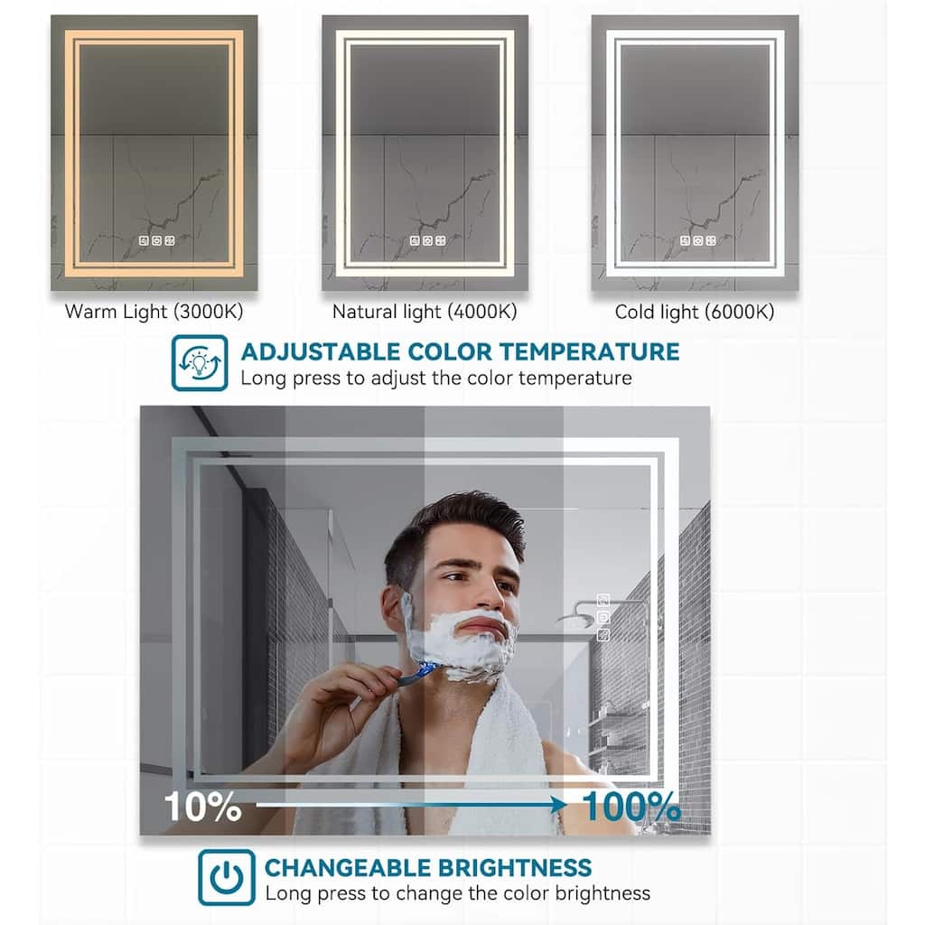 Silver LED Bathroom Mirror with Touch Dimmer, Anti-Fog, Adjustable Different brightness - 24" L x 40” W
