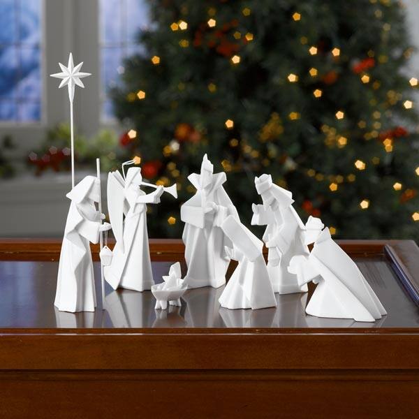 White Porcelain Origami Nativity Set - 9 Piece Set Christmas Holiday D
