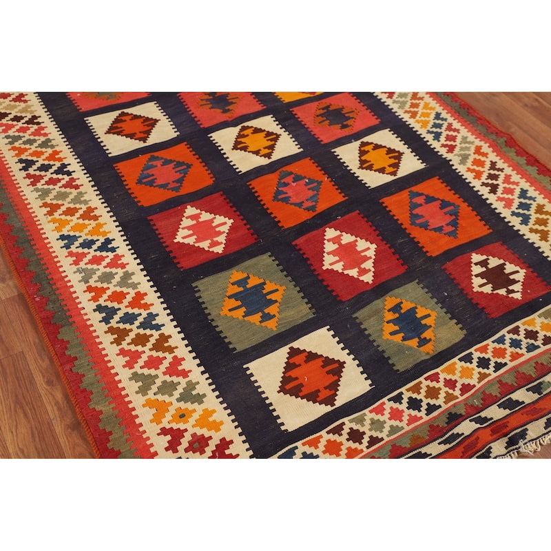 Blue Kilim Qashqai Persian Vintage Area Rug Hand-Woven Wool Carpet - 4'7"x 8'8"