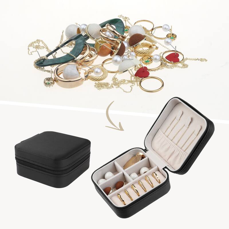 Travel Jewelry Box for Women Girls Birthday Gifts, Small Portable PU Leather Jewelry Organizer Case Storage Holder - 10x10x5cm - Black