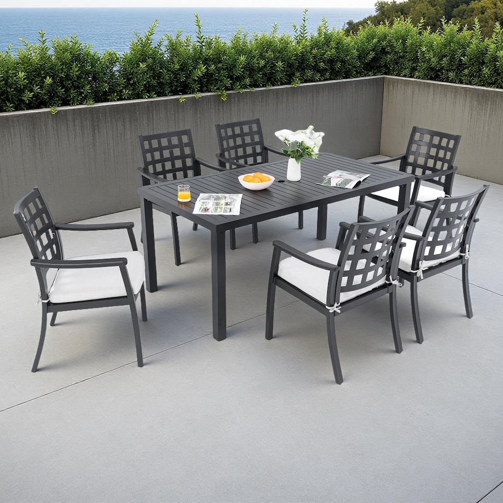 7-Piece Outdoor Patio Aluminum Dining Set with 67" Rectangular Table, 6 Cushioned Armchairs, and Umbrella Hole