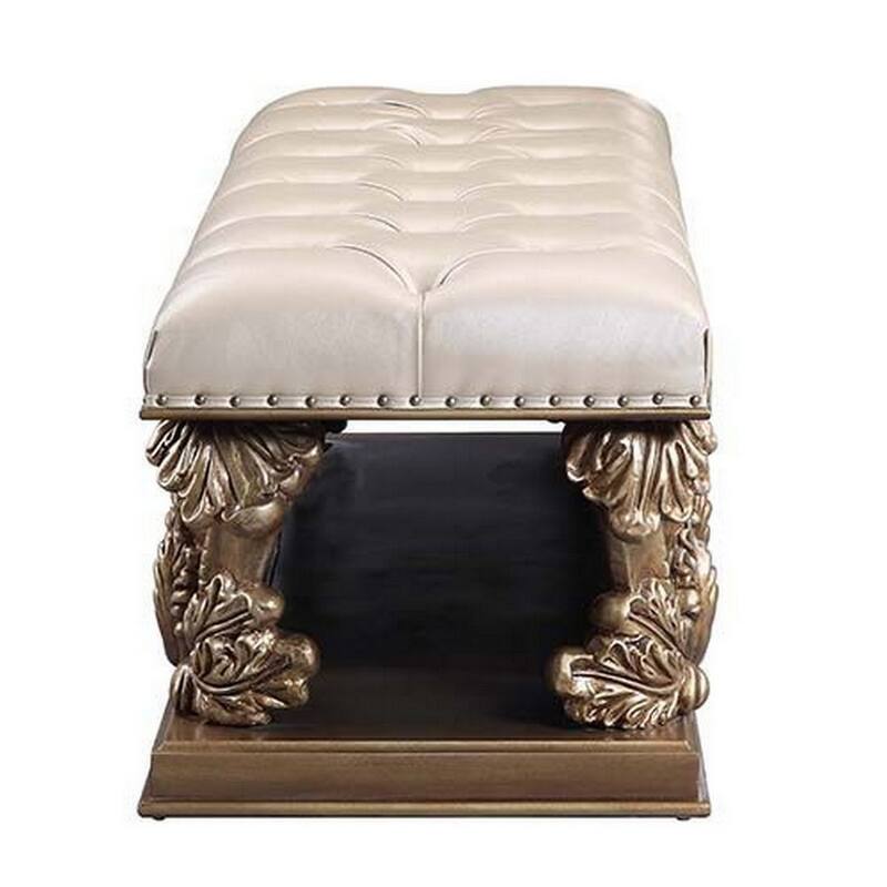 Bench with Button Tufted Seat and Heavy Scrolled Carving, Antique Gold