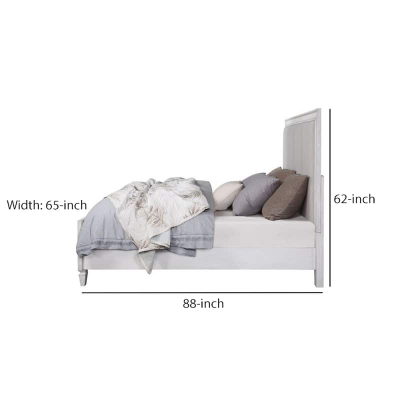Queen Bed with Channel Tufted Fabric Padding, White and Gray