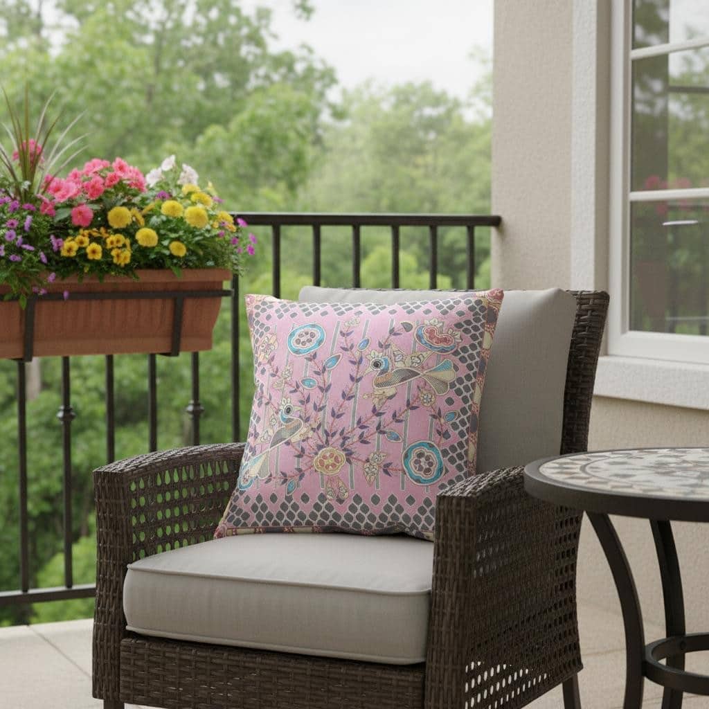 HomeRoots 20" x 20" Pink Peacock Blown Seam Floral Indoor Outdoor Throw Pillow - 20.00' X '5.00' X '20.00