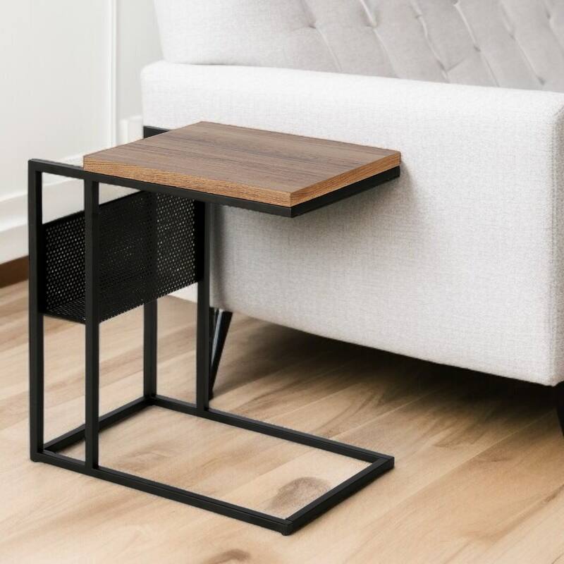 Brown Wood C Table with Black Steel Base and Magazine Rack Storage - 12” x 20” x 22” (D x W x H)