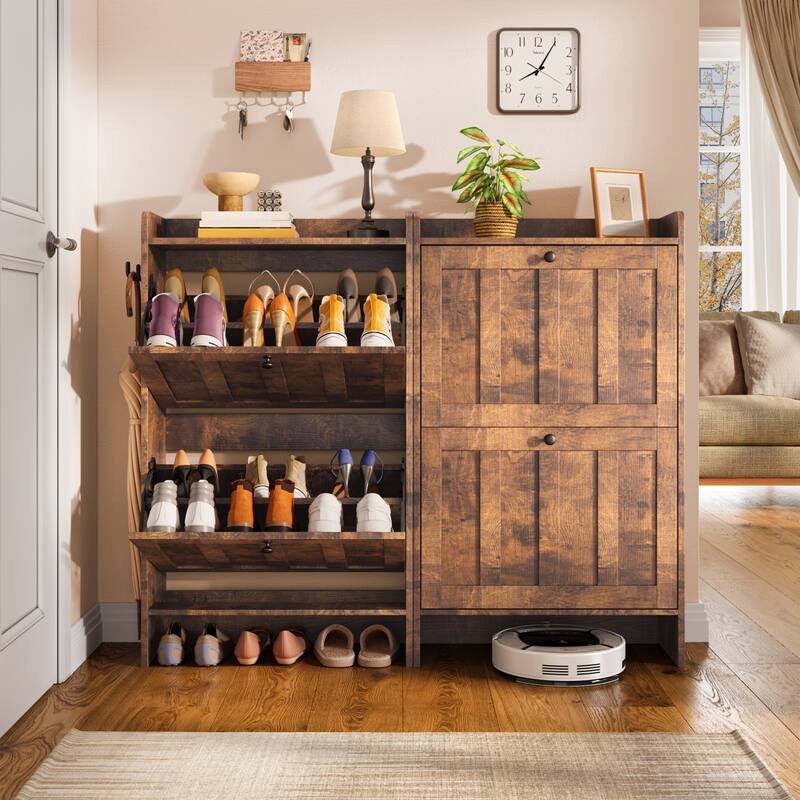 Shoe Cabinet with Flip Drawers, Slim Shoe Storage Cabinet for Entryway, Freestanding Narrow Rack with Open Storage