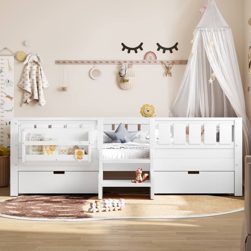 Full/Twin Loft Bed with Storage Drawers, Safety Staircase & Rails