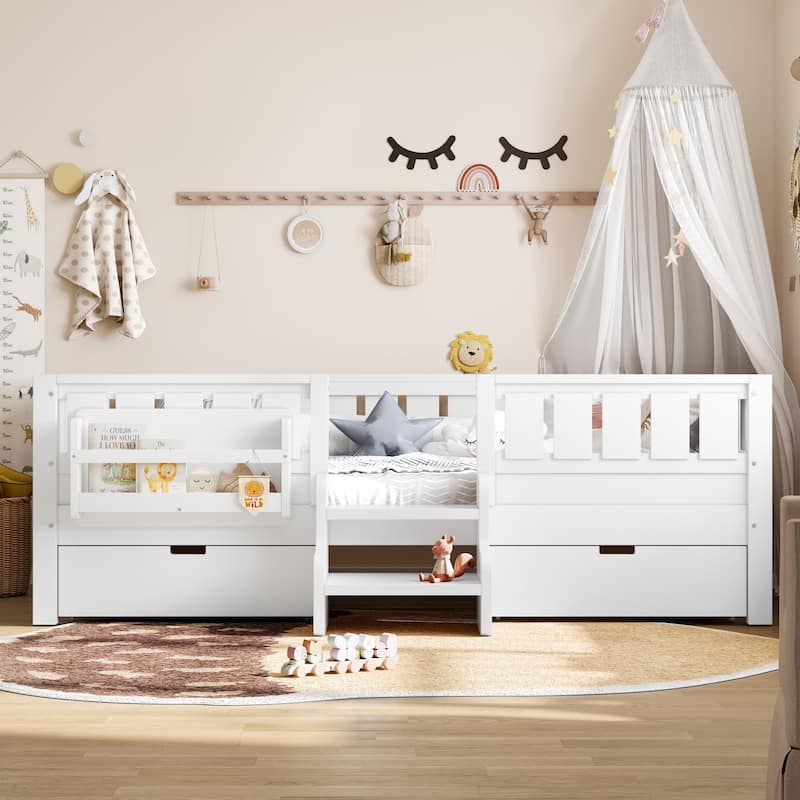 Multiple Colors Toddler Montessori Bed Children's Platform Bed with Low Profile Stairs, Built-in Bookshelf and Storage Drawers