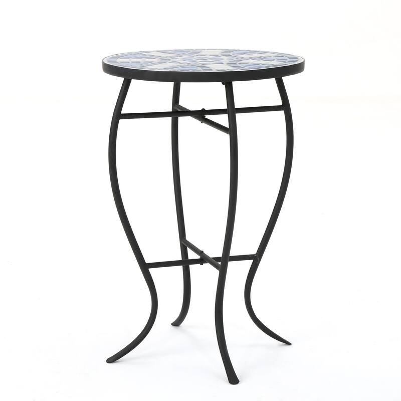 Outdoor Round Side Table with Mosaic-Style Top and Curved Iron Legs, End Table-Blue, Wihte and Matte Black - 12.24