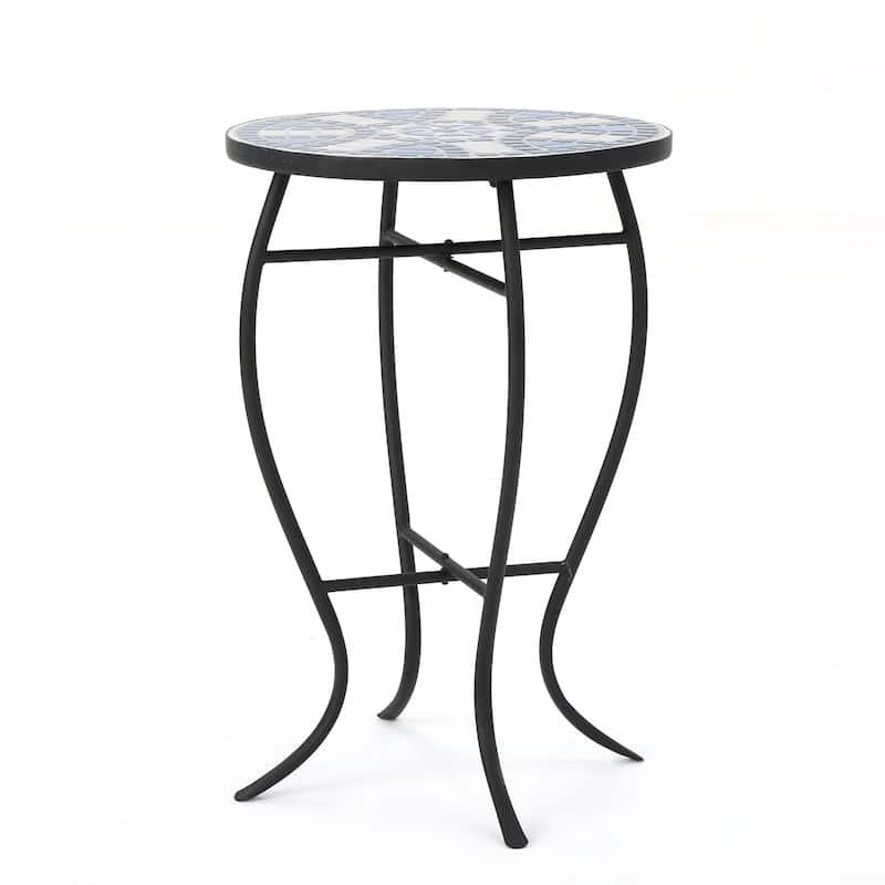Roomfitters End Table, Round Outdoor Side Table with Blue Mosaic Top and Curved Metal Legs for Patio or Garden, White+Blue