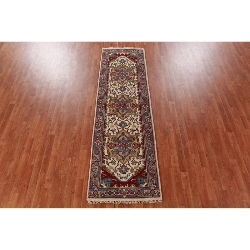 Ivory Heriz Serapi Indian Runner Rug Hand-Knotted Wool Carpet - 2'5"x 8'0"