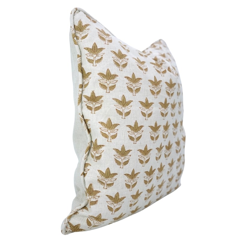 Fabdivine Handmade Floral Block Print Soft Pure Linen Fabric Pipine Pillow Cover Decorative Cushion Case - Pillow Covers - 7 Patti- Mustard - 26" x 26"