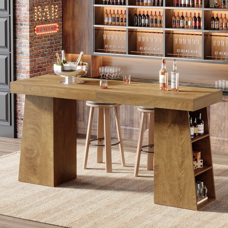 63-Inch Wooden Bar Table with Storage - Brown