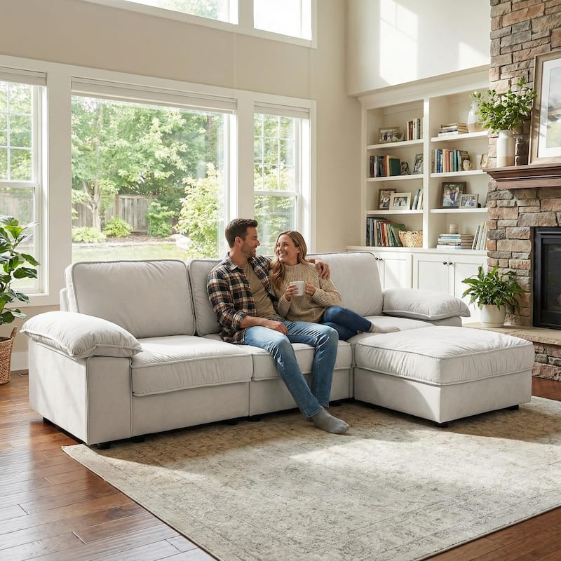 Upholstered L-Shaped Sectional Sofa Couch with Ottoman, Modern Fabric Deep Seat Sofa