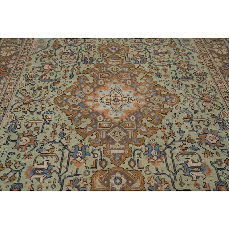 Hand Knotted Oriental 100% Wool Carpet Traditional Medallion Green Tabriz Area Rug - 9' 10'' X 6' 6''