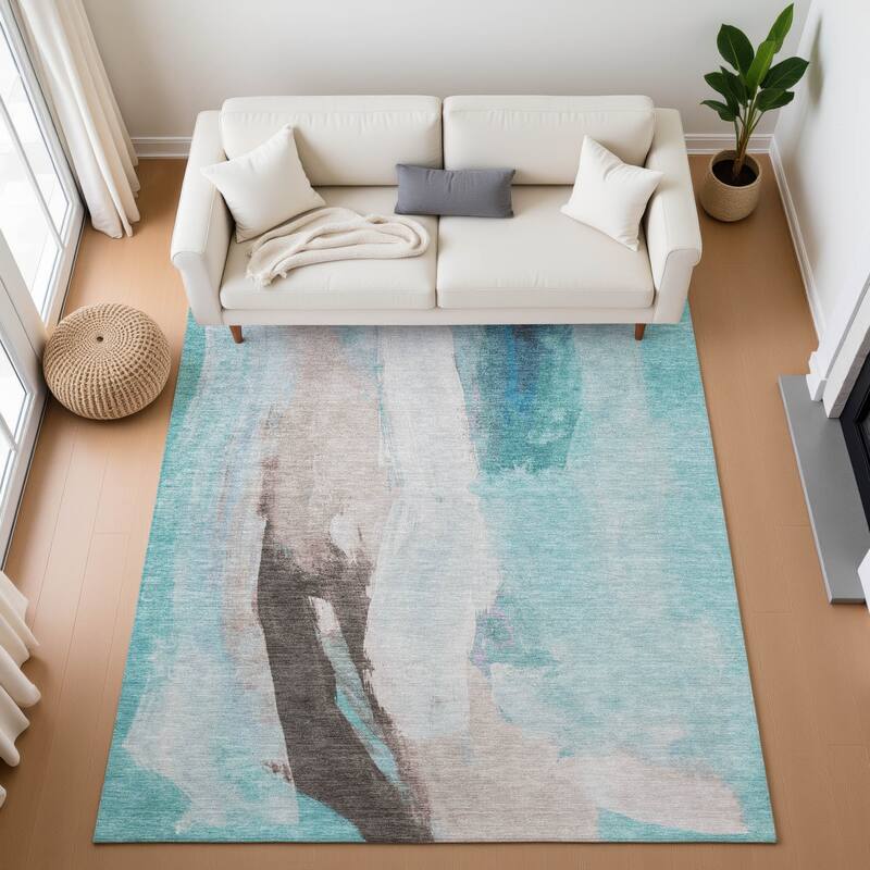 Premium Washable Super Soft Abstract Brushstrokes Mayfield Rug - Teal - 3' x 5'