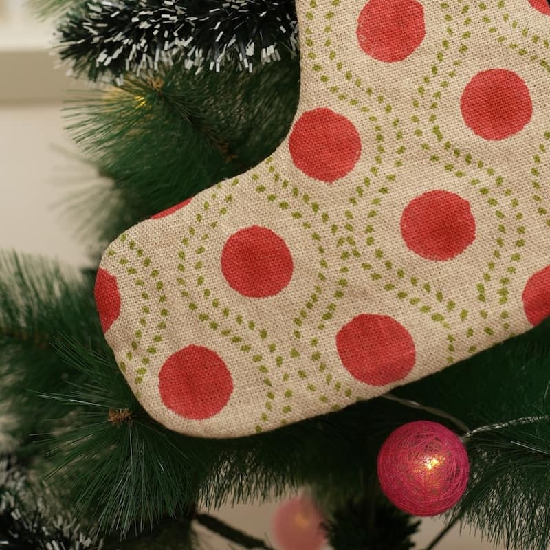 Fabdivine Handmade Linen Floral Block Print Christmas Stocking Home Décor Perfect for Gift - 10"X4.5" - Rajbhog- Red, Green